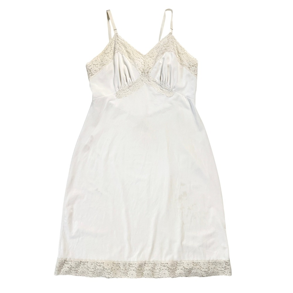 Vintage Shadowline Slip Womens Ivory Nylon Lace Full Length Chemise Lingerie 80s